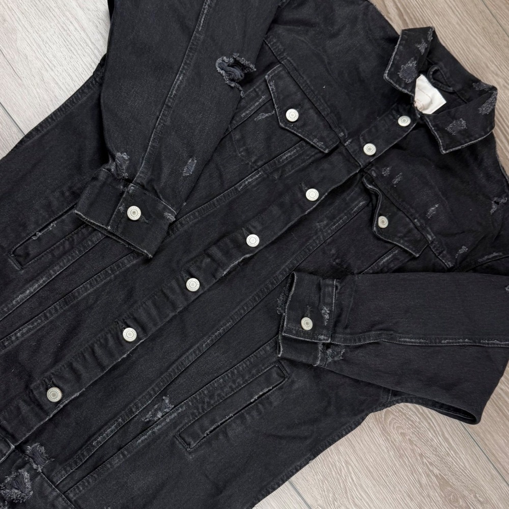 Zara Trafaluc Womens Denim Jacket Distressed Longline Black S